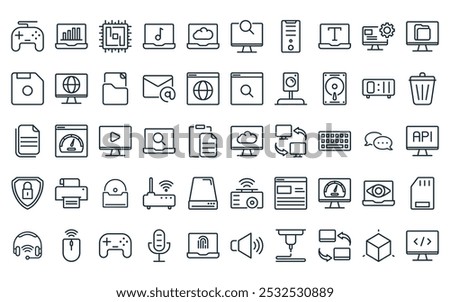 50 linear computer function icon pack. vector thin line cloud, chart, cpu, music, cloud, computer, pc tower icons suitable for apps and websites ui designs.