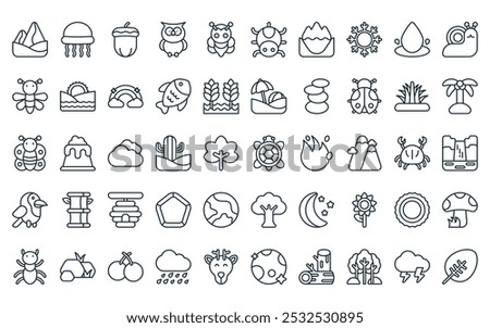 50 linear nature icon pack. vector thin line turtle, jellyfish, acorn, owl, bee, spider, iceberg icons suitable for apps and websites ui designs.