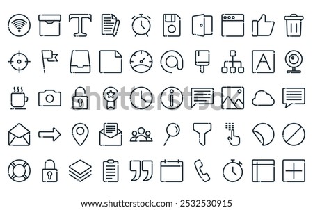 50 linear user interface icon pack. vector thin line info, archive, text, write, alarm clock, save file, door icons suitable for apps and websites ui designs.