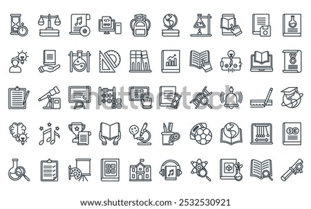 50 linear education icon pack. vector thin line book, law, music, coding, school bag, globe, flask icons suitable for apps and websites ui designs.