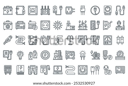 50 linear electricity icon pack. vector thin line street lamp, electrical circuit, telephone, power transformer, charging, adaptor, transistor icons suitable for apps and websites ui designs.