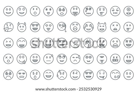 50 linear emoji icon pack. vector thin line sad, smile, dizzy, tongue out, pleading, tongue out, up icons suitable for apps and websites ui designs.