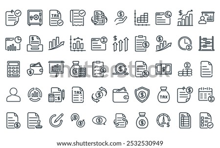 50 linear accounting icon pack. vector thin line agile, safe box, check, bill, revision, profit, bar chart icons suitable for apps and websites ui designs.