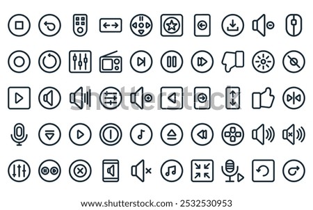 50 linear media controls icon pack. vector thin line previous, backward, remote control, stretch, music controls, favorite, log out icons suitable for apps and websites ui designs.