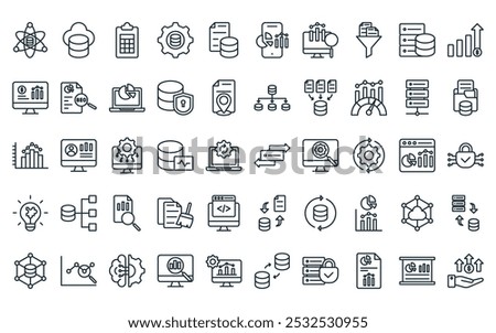 50 linear data analytics icon pack. vector thin line migration, data storage, table data, management, document, mobile analytics, analytics icons suitable for apps and websites ui designs.