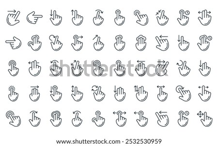 50 linear hand gestures icon pack. vector thin line touching, shoot, swipe down, swipe up, flick, touch, touch icons suitable for apps and websites ui designs.