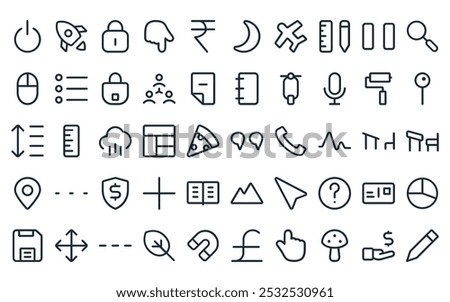 50 linear ui essential color icon pack. vector thin line quotation, rocket, lock, point down, rupee, night, plane icons suitable for apps and websites ui designs.