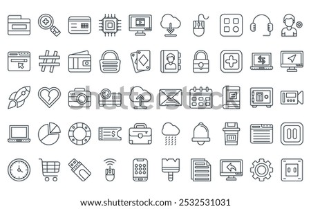 50 linear basic ui icon pack. vector thin line mail, zoom in, credit card, cpu, video player, cloud download, mouse icons suitable for apps and websites ui designs.