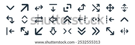 linear arrow icon pack. vector thin line diagonal arrow, up right arrow, switch, maximize, left, up chevron, chevron, unfold icons suitable for apps and websites ui designs