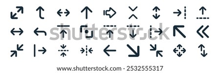 linear arrow icon pack. vector thin line maximize, up right arrow, horizontal arrow, right, diagonal left chevron, left, switch icons suitable for apps and websites ui designs