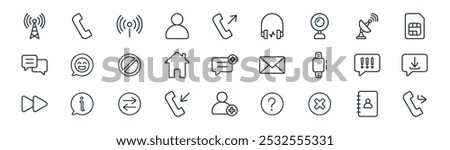 linear communication icon pack. vector thin line contact book, telephone, wifi connection, satelite, home button, dowload, add friend, call forwarding icons suitable for apps and websites ui designs