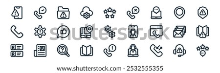 linear customer service icon pack. vector thin line technical support, service call, folder, location pin, map location, open book, phone, positive review icons suitable for apps and websites ui