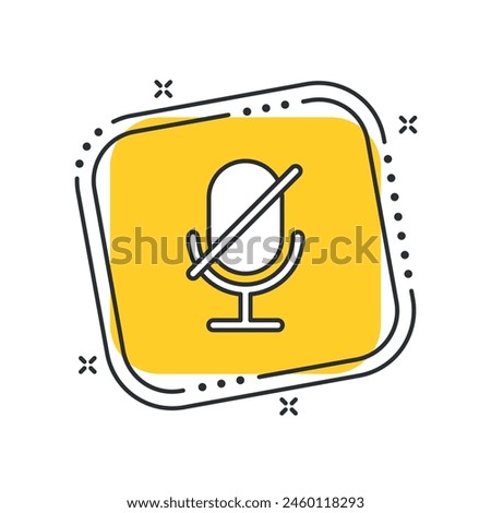 Cartoon microphone icon vector illustration. Muted microphone on isolated yellow square background. Audio mute sign concept.