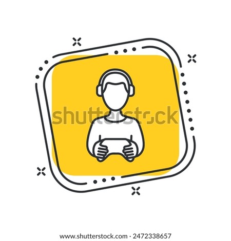 Cartoon gamer icon vector illustration. Gamepad on isolated yellow square background. Headphones sign concept.