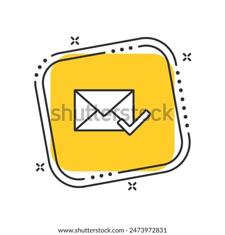 Cartoon envelope with checkmark vector illustration. Letter with check tick on isolated yellow square background. Mail sign concept.