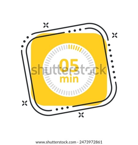 Cartoon сlock icon vector illustration. Timer sign 5 min on isolated yellow square background. Countdown sign concept.