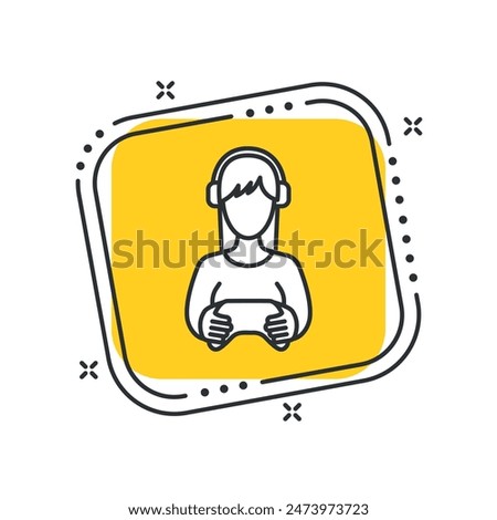 Cartoon gamer icon vector illustration. Gamepad on isolated yellow square background. Headphones sign concept.