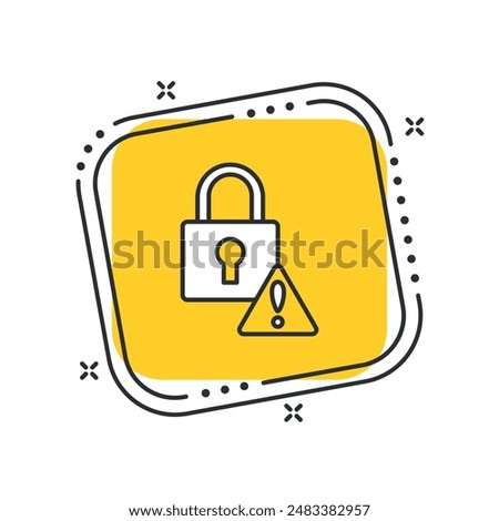 Cartoon security alert vector illustration. Padlock with exclamation point on isolated yellow square background. Password wrong sign concept.