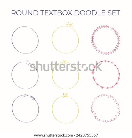 Hand drawn textbox doodle frame set. Round shape pen line scribble element. Vector illustration of circles with decoration elements - leaves, flowers, crown, smile, bear and more.