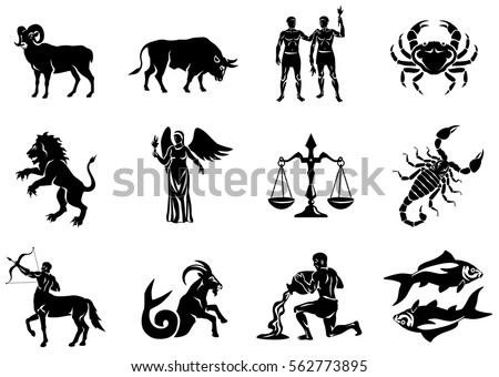 Vector graphic illustration of zodiac signs.  All zodiac signs in silhouettes concept: 
Aries; Taurus; Gemini; Cancer; Leo; Virgo; Libra; Scorpio; Sagittarius; Capricorn; Aquarius and Pisces.