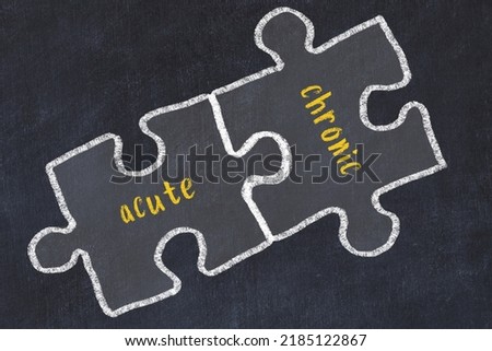 Ploblem solving. Chalk sketch of two puzzles with words acute and chronic on black chalkboard Stock fotó © 