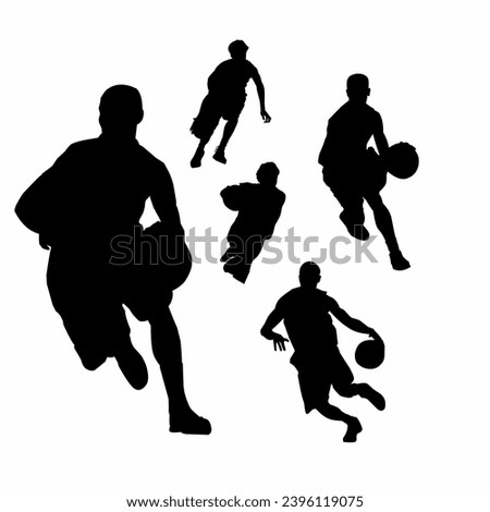 Vector set of silhouettes of Basketball players, various scenes of dribbling ,jumping, defense, etc