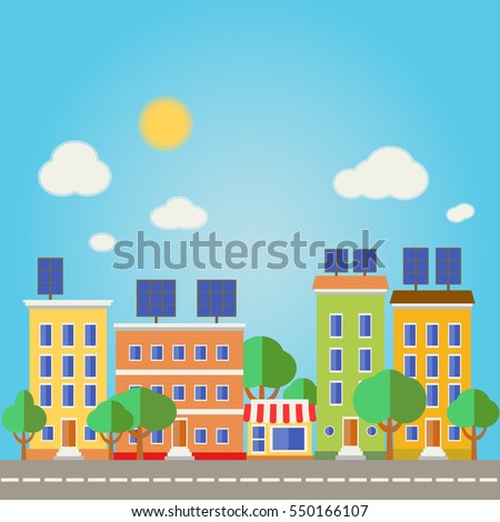 Urban landscape, green energy, ecology. Flat design vector concept illustration. Solar panels on the roofs of urban buildings.