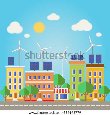 Urban landscape, green energy, ecology. Flat design vector concept illustration.
Wind turbines and solar panels in the city.