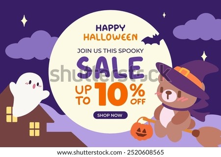 Spooky Halloween Sale Banner with Cute Witch Bear and Ghost. Halloween Discount Promotion Featuring Adorable Bear in Witch Costume. Halloween Sale Ad with Witch Bear, Ghost, and Pumpkin Elements.