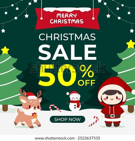 50% Off Holiday Sale Featuring Cute Santa Character and Reindeer. The poster promotes a 50% off sale with colorful decorations like Christmas trees, a snowman, and candy canes.