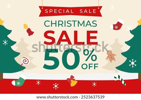 Festive Christmas Sale Banner with 50% Off Offer. Holiday Discount Christmas Promotion with Decor and Gingerbread. Christmas Sale Ad Featuring Festive Decorations and 50% Discount.