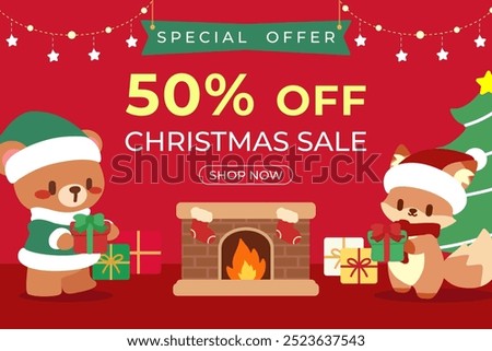 Cute Bear and Fox Christmas Sale Banner with Gifts. A Christmas sale banner featuring a cute bear and fox, each holding gift boxes near a cozy fireplace and Christmas tree. 