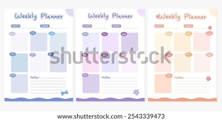 Simple Pastel Weekly Planner Template with Notes Section.A simple and pastel themed weekly planner template, featuring soft colors and a notes section for easy organization.