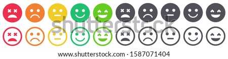 Face expressions colorful icon set vector illustration. Positive, neutral, negative rating icons with mood. Yellow, orange, green, red, grey color outline buttons for customer feedback survey concept.
