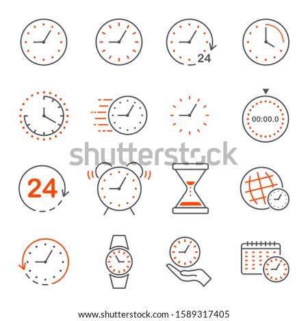 Clock and time counting line icons. 24 hour clock, time management with deadline alarm signs. Timer, Alam, Sand hourglass, calendar, and digital smartwatch, timer stopwatch. Thin line illustrations.