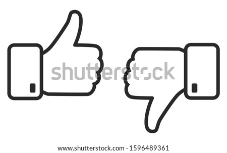 Thumb up and down outline icon isolated on white background. Like and dislike social network pictograms isolated on white background. Outline positive and negative buttons for a website or mobile app.
