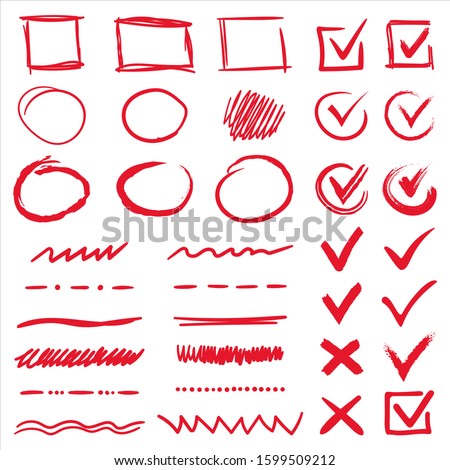 Marker drawing checkbox red vector sketch isolated. Hand drawn brush and pen stroke highlights, select V marks, check squares, circles lines and underlines. Ink design doodle elements for any purposes