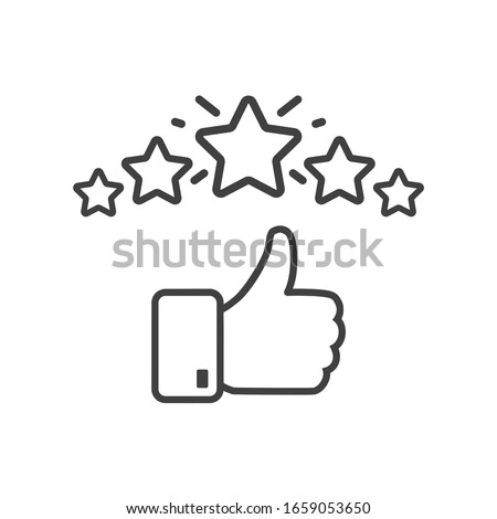 Сustomer satisfaction icon. Reputation 5 stars line icon with thumb up. Quality review with feedback template. Customer reputation concept vector illustration isolated on white background. EPS10