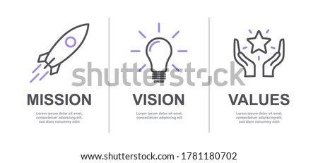 Mission, Vision and Values of company with text. Web page template. Modern flat design. Abstract icon. Purpose business concept. Mission symbol illustration. Abstract eye. Business presentation V6