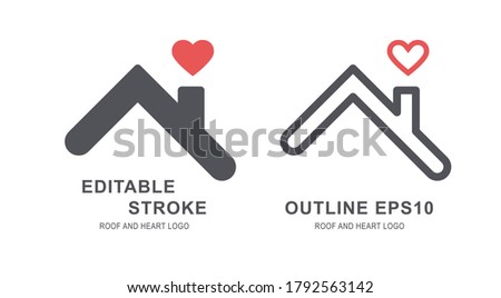 Home roof and red heart above the chimney logo. House icon with love symbol for charity and care conceptual design. Real estate and cottage realty abstract background sign with sample text. SET1