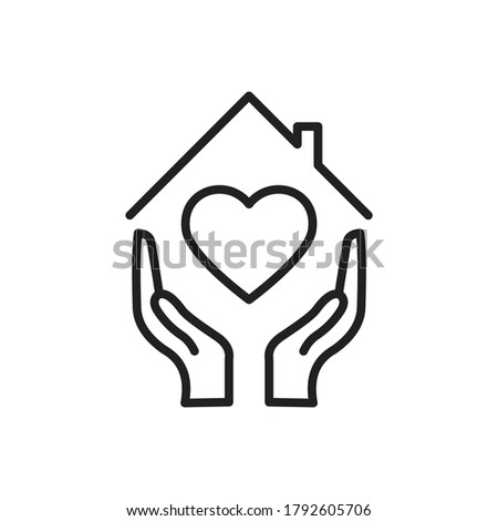 Outline safe home thin line vector icon with a heart in hands. Arms holding love sign and house roof shape. Family building protection concept designed for security business logo. Stay home symbol V1
