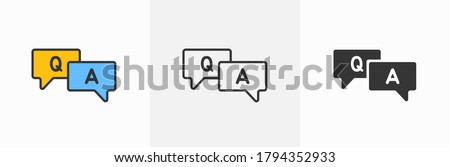 Question and answer line icon designed as faq outline symbol with q and a letter in thin black line, solid, and blue and yellow speak bubble. Flat outline ask and explain forum vector logo clipart V1