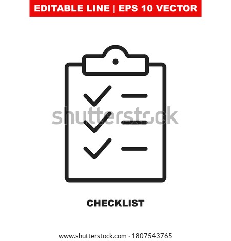 Checklist clipboard thin line vector icon. Outline check list with questionnaire form and tick checkmark. Clip board with a survey on paper with completed mark. Todo documentation. Editable stroke V1