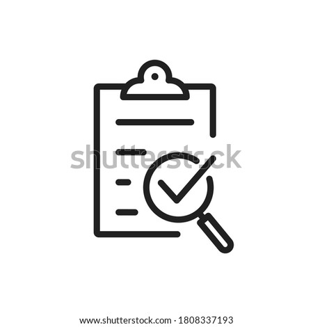 Policy compliance icon with checklist verification with loupe. Quality control result check on paper form with clipboard. Outline business audit report document with checkmark. Editable line vector V4