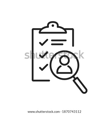 Job interview hire form list line icon. Candidate questionnaire check list for vacancy. HR talent survey form for employee. Job research and resume. People employment search n select outline vector V1