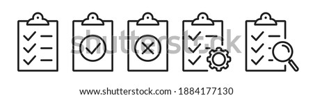 Checklist on the clipboard line icon set with compliance tick check sign on it. Clip board outline vector icon with paper test document or todo plan with tasks. Checkbox form and survey checklist SET1