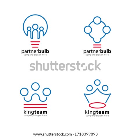 Set of Blue Partner Network Logo Design Template. Team of three people together icon isolated on white background. Crown and Bulb Concept.