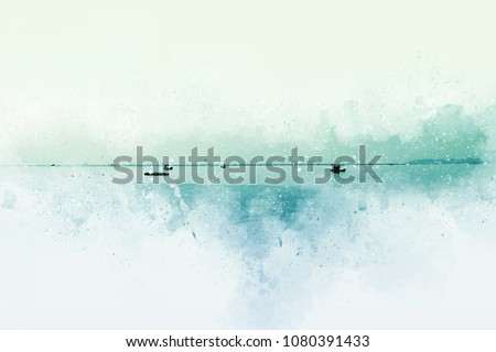 Abstract Fishing boat in sea on watercolor painting background.