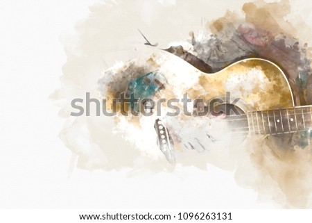 Abstract man playing acoustic guitar watercolor painting background.