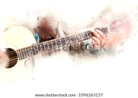 Abstract a man playing acoustic guitar watercolor colorful painting background.